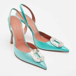 Pre Owned Amina Muaddi Aqua Green Satin Camelia Slingback Pumps Size 41