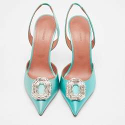 Pre Owned Amina Muaddi Aqua Green Satin Camelia Slingback Pumps Size 41