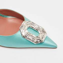 Pre Owned Amina Muaddi Aqua Green Satin Camelia Slingback Pumps Size 41