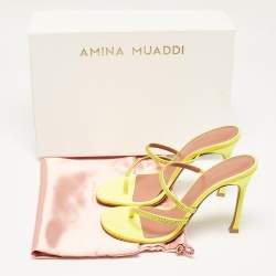 Amina Muaddi Yellow Satin Crystal Embellished Ami Slide Sandals Size 38.5