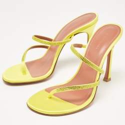 Amina Muaddi Yellow Satin Crystal Embellished Ami Slide Sandals Size 38.5