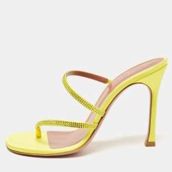 Amina Muaddi Yellow Satin Crystal Embellished Ami Slide Sandals Size 38.5