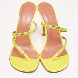Amina Muaddi Yellow Satin Crystal Embellished Ami Slide Sandals Size 38.5