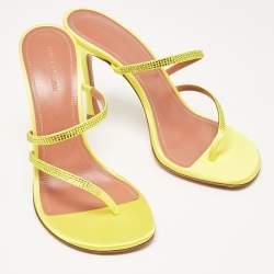 Amina Muaddi Yellow Satin Crystal Embellished Ami Slide Sandals Size 38.5