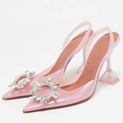 Pre Owned Amina Muaddi Pink Iridescent PVC Begum Slingback Pumps Size 38.5