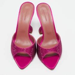 Amina Muaddi Pink Satin Crystal Embellished Caroline Slide Sandals Size 39