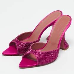 Amina Muaddi Pink Satin Crystal Embellished Caroline Slide Sandals Size 39