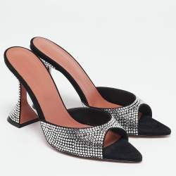 Amina Muaddi Black Suede Crystal Embellished Caroline Slide Sandals Size 39