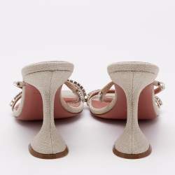 Amina Muaddi Beige Fabric Gilda Crystal Embellished Slide Sandals Size 39