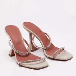 Amina Muaddi Beige Fabric Gilda Crystal Embellished Slide Sandals Size 39