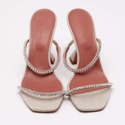 Amina Muaddi Beige Fabric Gilda Crystal Embellished Slide Sandals Size 39