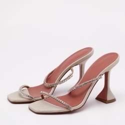 Amina Muaddi Beige Fabric Gilda Crystal Embellished Slide Sandals Size 39