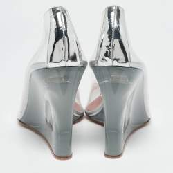 Amina Muaddi Silver Patent Leather and PVC Ane Wedge Pumps Size 39