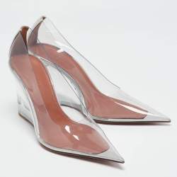 Amina Muaddi Silver Patent Leather and PVC Ane Wedge Pumps Size 39
