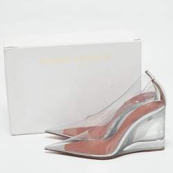 Amina Muaddi Silver Patent Leather and PVC Ane Wedge Pumps Size 39