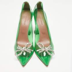 Amina Muaddi Green Leather and PVC Rosie Pumps Size 38.5