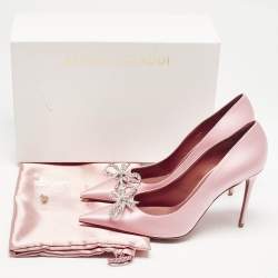 Amina Muaddi Pink Satin Crystal Embellished Rosie Pumps Size 39.5