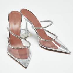 Pre Owned Amina Muaddi Transparent PVC Crystal Embellished Gilda Mules Size 39
