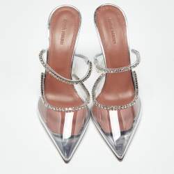 Pre Owned Amina Muaddi Transparent PVC Crystal Embellished Gilda Mules Size 39