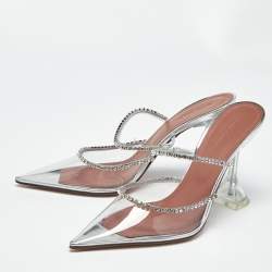 Pre Owned Amina Muaddi Transparent PVC Crystal Embellished Gilda Mules Size 39