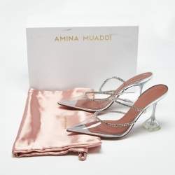 Pre Owned Amina Muaddi Transparent PVC Crystal Embellished Gilda Mules Size 39