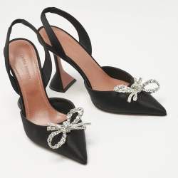 Pre Owned Amina Muaddi Black Satin Rosie Slingback Pumps Size 37