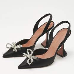 Pre Owned Amina Muaddi Black Satin Rosie Slingback Pumps Size 37