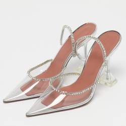 Pre Owned Amina Muaddi Silver PVC Gilda Glass Heel Mules Size 40