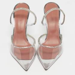Pre Owned Amina Muaddi Silver PVC Gilda Glass Heel Mules Size 40