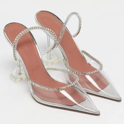 Pre Owned Amina Muaddi Silver PVC Gilda Glass Heel Mules Size 40