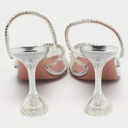 Pre Owned Amina Muaddi Silver PVC Gilda Glass Heel Mules Size 40