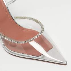 Pre Owned Amina Muaddi Silver PVC Gilda Glass Heel Mules Size 40