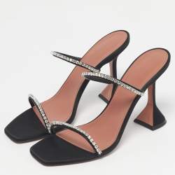 Pre Owned Amina Muaddi Black Satin Crystal Embellished Gilda Slide Sandals Size 39.5