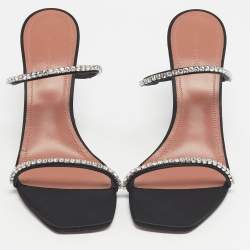 Pre Owned Amina Muaddi Black Satin Crystal Embellished Gilda Slide Sandals Size 39.5