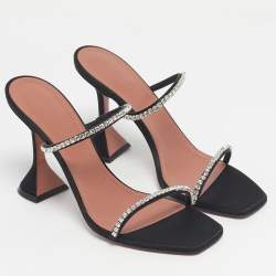 Pre Owned Amina Muaddi Black Satin Crystal Embellished Gilda Slide Sandals Size 39.5