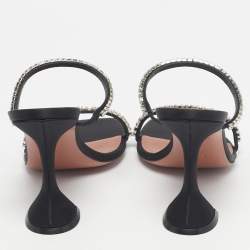 Pre Owned Amina Muaddi Black Satin Crystal Embellished Gilda Slide Sandals Size 39.5