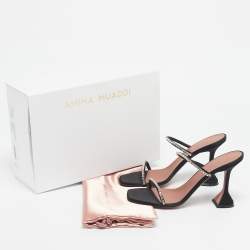 Pre Owned Amina Muaddi Black Satin Crystal Embellished Gilda Slide Sandals Size 39.5