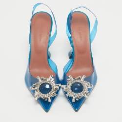 Pre Owned Amina Muaddi Blue PVC Begum Slingback Pumps Size 37.5
