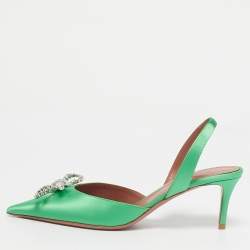 Pre Owned Amina Muaddi Green Satin Rosie Slingback Pumps Size 37