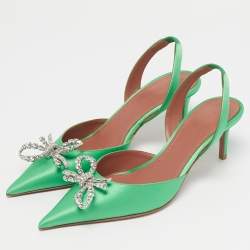Pre Owned Amina Muaddi Green Satin Rosie Slingback Pumps Size 37