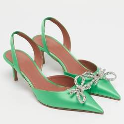 Pre Owned Amina Muaddi Green Satin Rosie Slingback Pumps Size 37