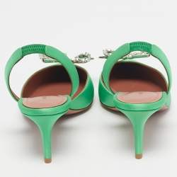 Pre Owned Amina Muaddi Green Satin Rosie Slingback Pumps Size 37