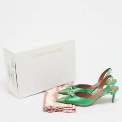 Pre Owned Amina Muaddi Green Satin Rosie Slingback Pumps Size 37