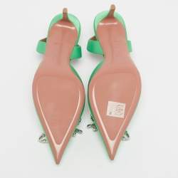 Pre Owned Amina Muaddi Green Satin Rosie Slingback Pumps Size 37