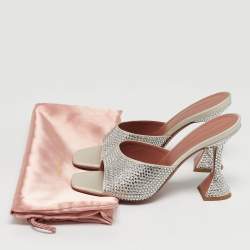 Pre Owned Amina Muaddi Silver Satin Crystals Embellish lupita Slide Sandals Size 37.5