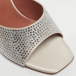 Pre Owned Amina Muaddi Silver Satin Crystals Embellish lupita Slide Sandals Size 37.5