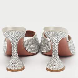 Pre Owned Amina Muaddi Silver Satin Crystals Embellish lupita Slide Sandals Size 37.5