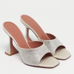Pre Owned Amina Muaddi Silver Satin Crystals Embellish lupita Slide Sandals Size 37.5