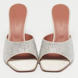 Pre Owned Amina Muaddi Silver Satin Crystals Embellish lupita Slide Sandals Size 37.5