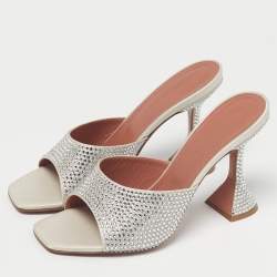 Pre Owned Amina Muaddi Silver Satin Crystals Embellish lupita Slide Sandals Size 37.5